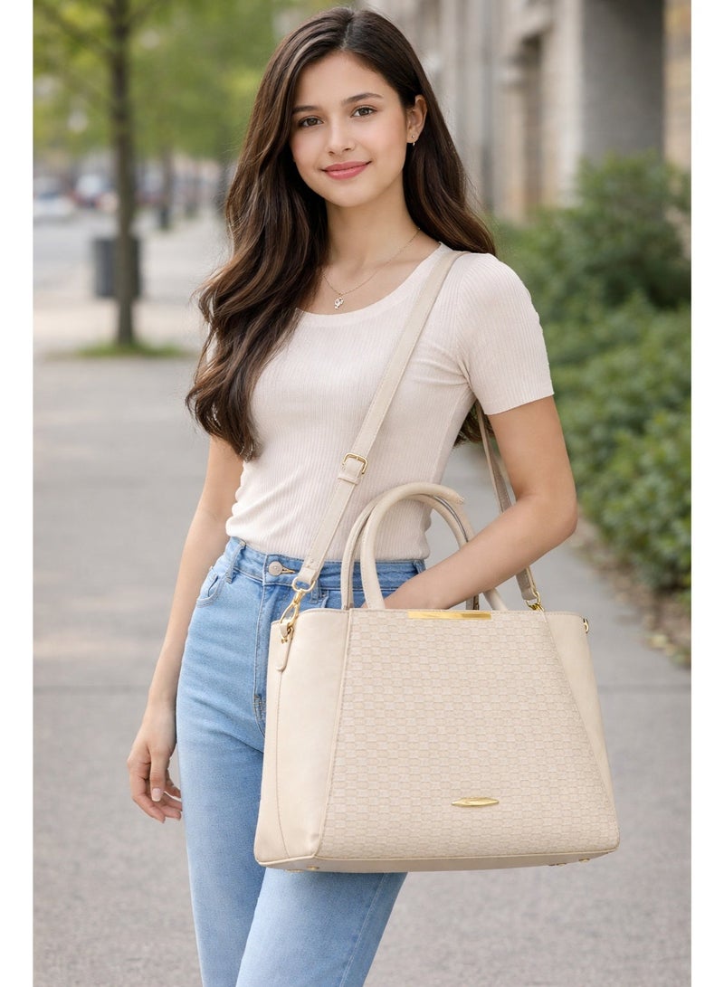 Women’s Shoulder Bag Elegant Textured Satchel with Adjustable Crossbody Strap Spacious Trendy Dusty Tote for Work & Daily Use (Beige) - Image 2